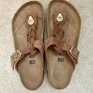 NWOT Birkenstock tan sandals with braided leather straps and gold hardware
